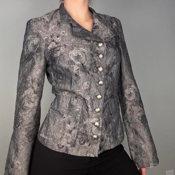 Silver floral print button up blazer jacket formal asymetrical eu 40 / us small - Picture 4 of 8